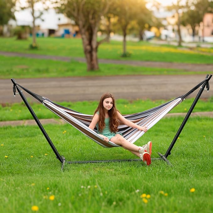 SZHLUX Double Hammock with Stand Included 450lb Capacity Steel Stand Premium Carry Bag Included and Two Anti Roll Balance Beam Portable Hammock with Stand for Backyard CampingGarden Brown Stripes