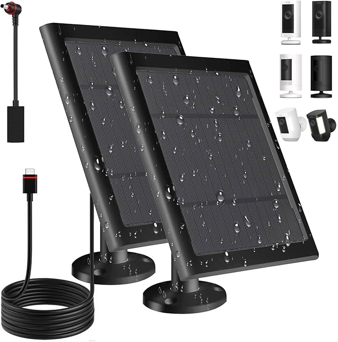 Solar Panel for Ring Camera(2nd Generation) Dustproof Waterproof 5W Solar Panel with 10FT/3M Long Cable for Stick Up &amp Pro Spotlight Cam Battery for Security Camera 2 Pack-BK