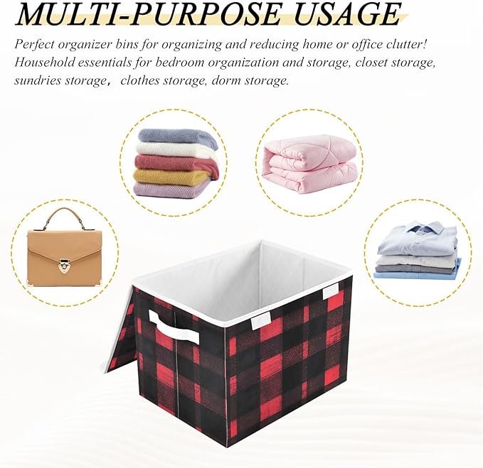 Storage Cube with Lid Black and Red Plaid Print 16.5×12.6×11.8 IN Collapsible Large Capacity Foldable Storage Basket Bin Organizer