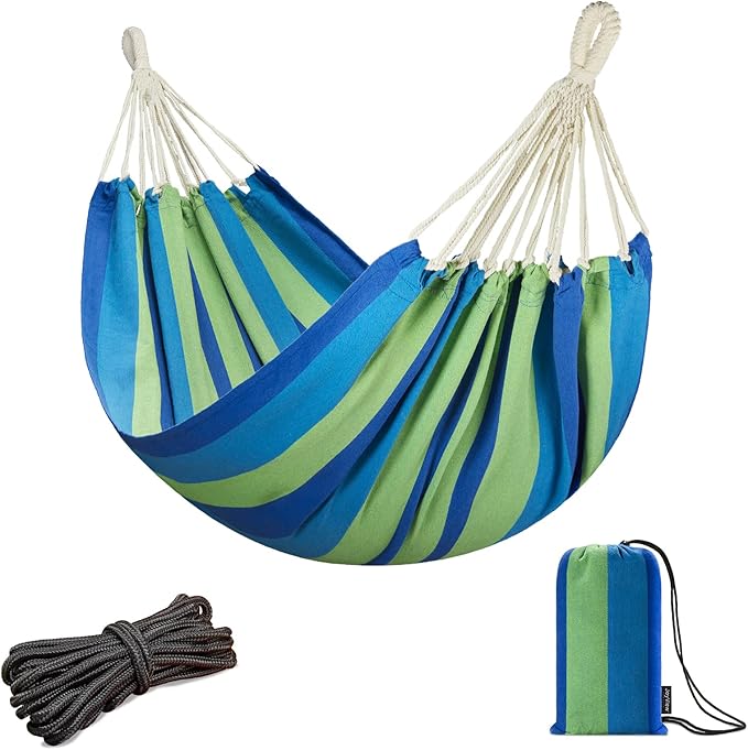 JoyView Brazilian Hammock for Single Person Portable Hammock with Hanging Ropes &amp Carry Bag Large 78.8x39.4” for Patio 300LBS Capacity Perfect for Outdoor/Indoor - Blue Stripes