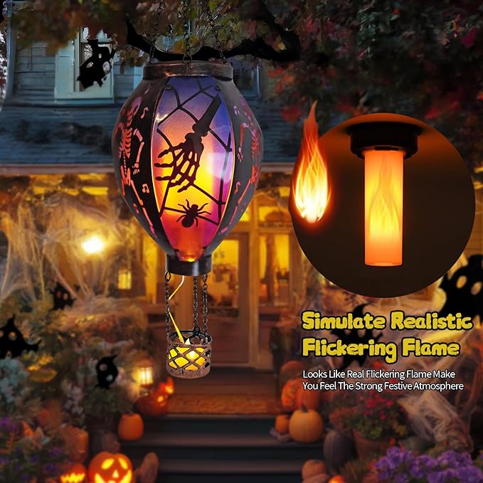 Halloween Outdoor Decorations Hot Air Balloon Solar Lantern with Flickering Flame Hanging Outdoor Lanterns with Skull Pattern Hollowed-Out Design Halloween Party Decor for Garden Patio (Halloween)
