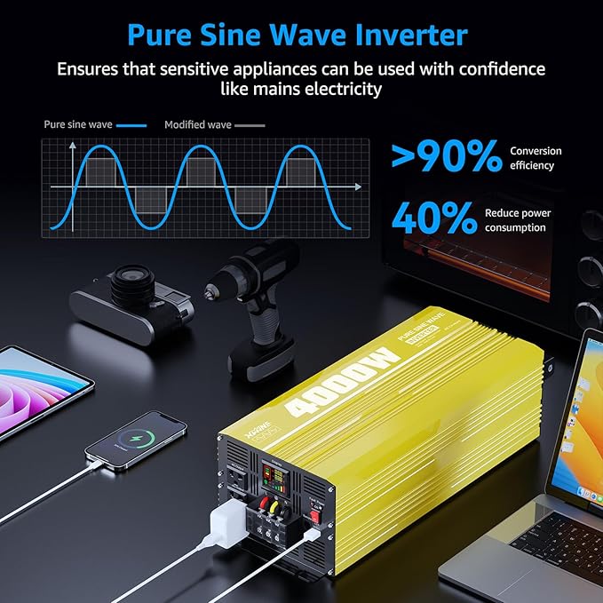 XWJNE 4000W Pure Sine Wave Power Inverter 12V DC to 120V AC Converter with LED Display and Remote Controller for Home RV Truck Off-Grid Solar Power