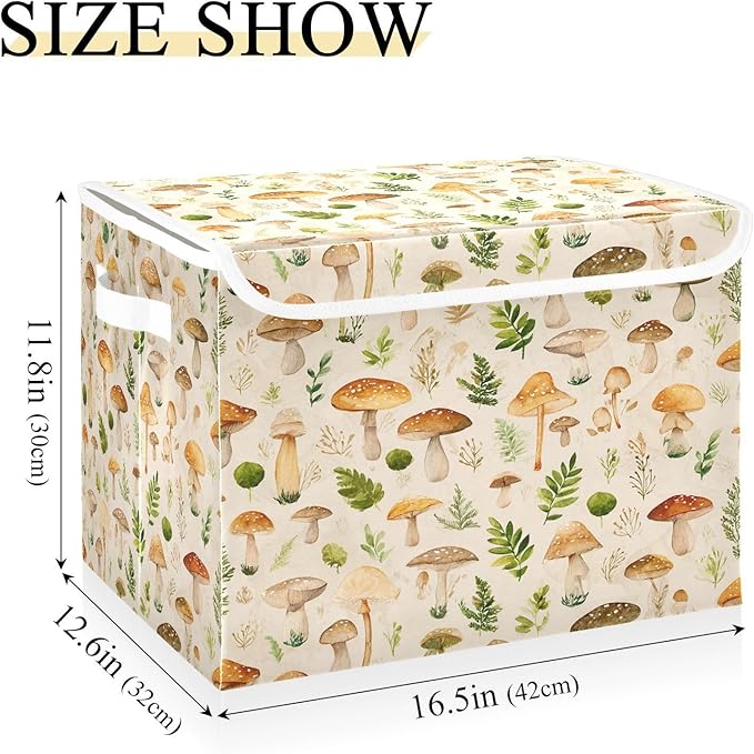 Storage Bins With Lid Stackable Fabric Closet Organizer Clothing Storage Large Boxes For Closet Shelves Bedroom Beige Mushrooms Leaves Caps Natural
