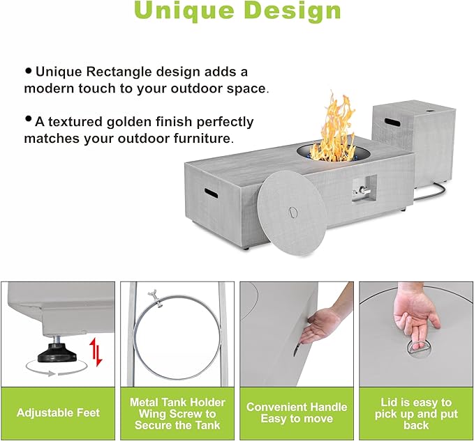 SUNPEAK 48 Outdoor Propane Fire Pit with Round Burner and Lights - 50000 BTU Fire Pit Table with Lid Rocks Cover &amp Tank Storage - Patio and Deck Gas Fire Pit (Light Grey/Golden Light 48 LED)