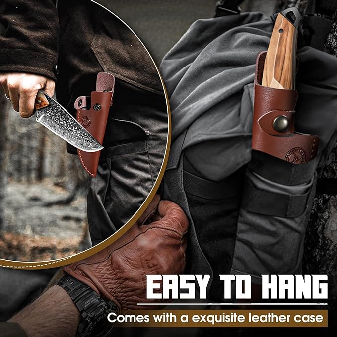 TAN REN Damascus Fixed Blade Knife Outdoor Survival Knife with Sheath Full Tang Bushcraft Knives with Wood Handle Brown Hunting Knives Gift for Men Camping Outdoor Cooking Gift for Him