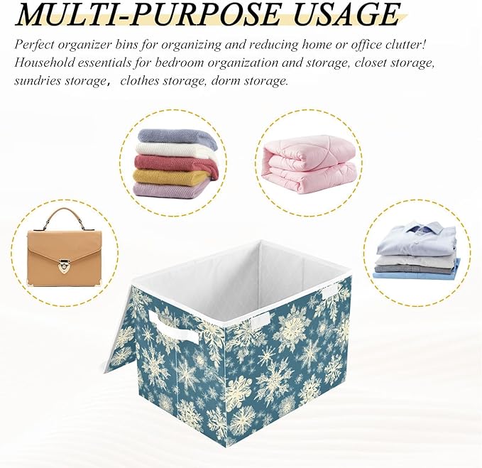 Pretty Christmas Snowflakes Blue Storage Box with Lid 1 PC Foldable Storage Bin with Lids Stackable Storage Bins Cube Closet Organizer Basket with Flip-Top Lid &amp Handles for Shoes Books Towels