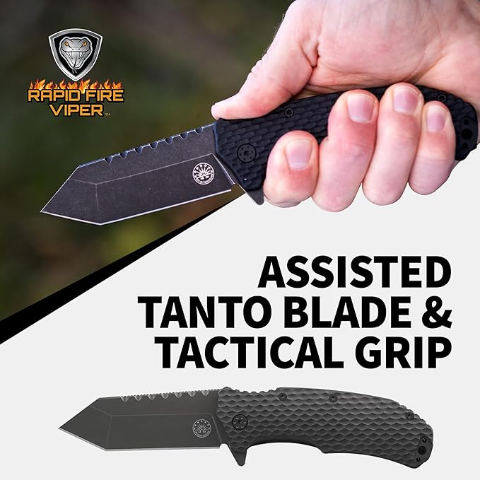 Off-Grid Knives - Rapid Fire Viper Assisted Tanto Blade Hard Use Build Tactical Camping &amp Survival EDC Cryo D2 Steel Blackwash G10 Scales Deep Pocket Carry (Blackout)