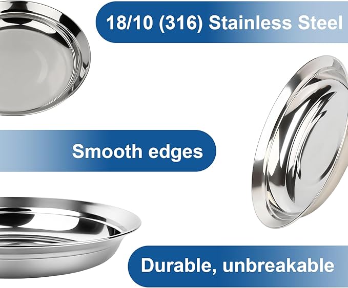 4-Piece Stainless Steel Pasta Plates and Bowls Set 8.6 inch 47oz Large Double Walled 18/8 Metal Soup Salad Bowls &amp 18/10 Steel Plates Dinner Dishes Unbreakable for RamenPhoCerealDishwasher Sa