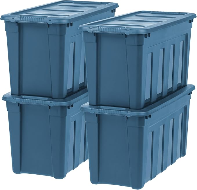 IRIS USA 31 Gallon Eco-Friendly Heavy Duty Storage Totes with Easy-Grip Handles 4 Pack - Large Bins with Lids Garage Organizing Tubs Durable Stackable Utility Containers Made in USA - Navy