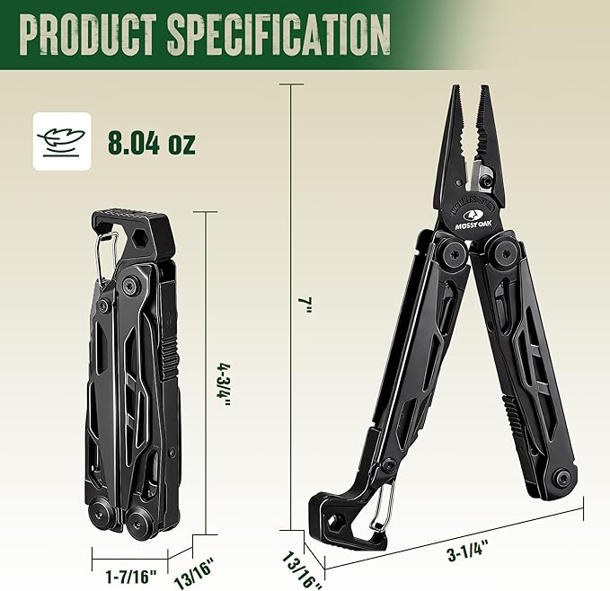 MOSSY OAK CNC-Machined Multitool Pliers 27-in-1 Multi Tool with Pocket Knife Fire Starter &amp Whistle Bottle Opener Screwdriver – Self-Locking Survival Tool for Camping &amp Hiking Black