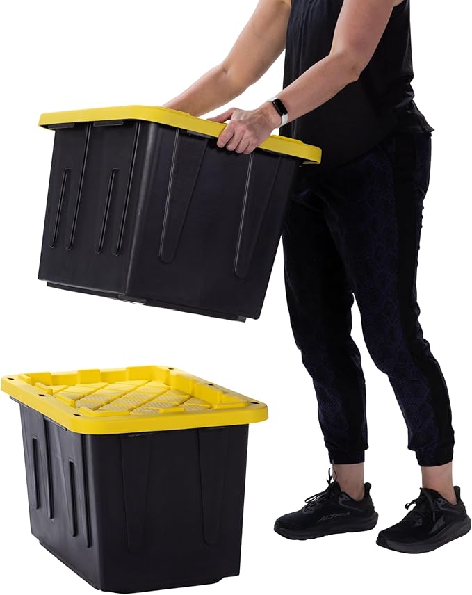 Plastic 23-Gallon Storage Tote with Lockable Lid Stackable Tough Regular-Duty Bin for Garage Tools and Home Organization (2-Pack) - Black and Yellow