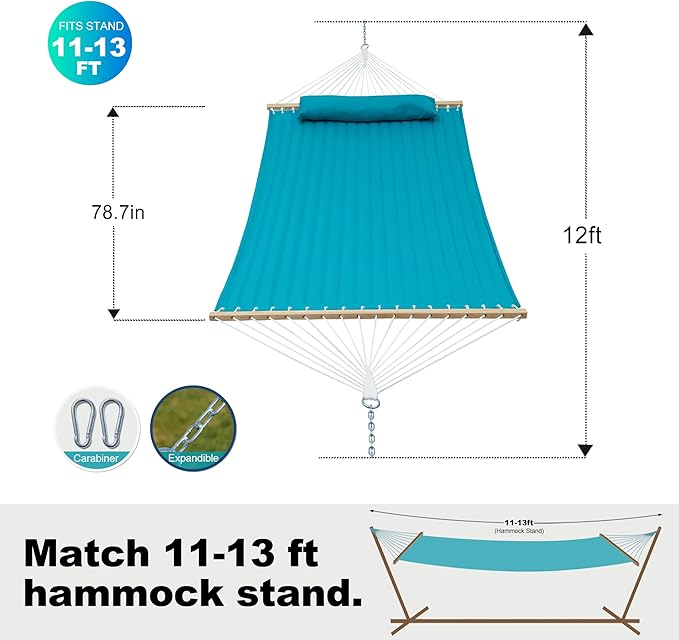 GAFETE Hammock 2 Person Quilted Fabric Hammocks for Outside Double 12ft Hammocks with Spreader Bar Large Removable Pillow Storage Bag Carabiners Max 475 lbs Capacity (Canyon Creek Aqua)
