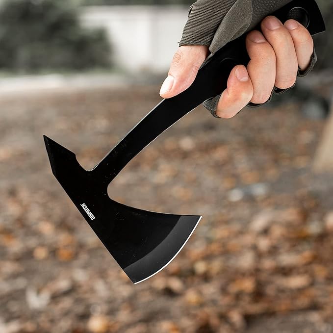 DISPATCH 10 Throwing Axe Full Tang 3Cr13 Stainless Steel Tactical Tomahawk 4mm Thick Sandblasted Blade Includes Nylon Sheath — Perfect for Axe Throwing Camping Hunting (Black)