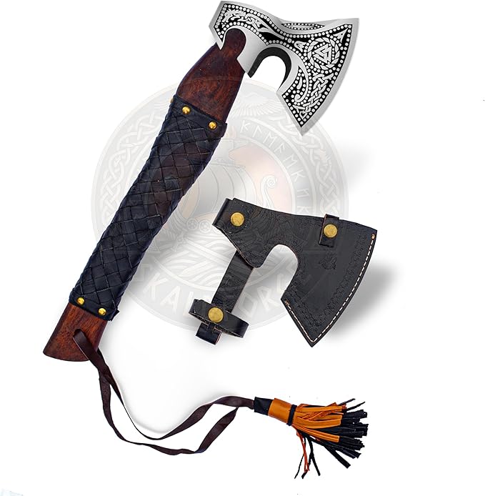 Handmade Russian Axe with Leather Sheath – Carbon Steel Blade Rosewood Handle – 13 Inch Nordic Axe Handmade Collectible - Best Wedding for Men and Women