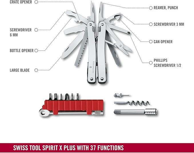 Victorinox Swiss Tool Spirit X Plus Ratchet Swiss Army Knife 36 Function Swiss Made Multi-Tool with Needle-nose Pliers and Leather Pouch - Silver