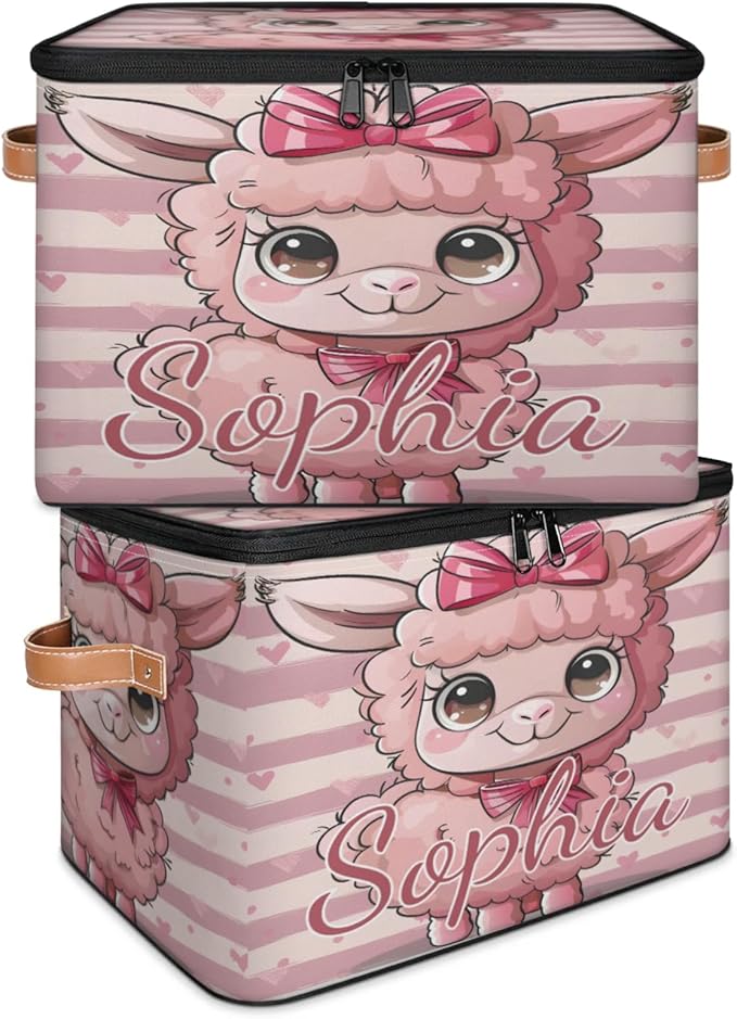 Custom Storage Basket with Name Personalized Storage Bins with Zipper Lid Foldable Fabric Storage Box Large capacity with Handle Bow Alpaca