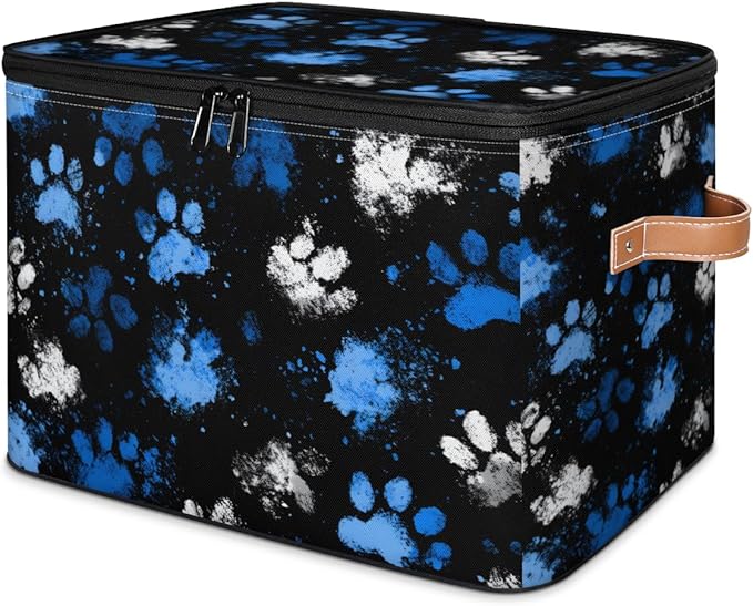 Storage Bin with Lid Paws Prints Stackable Closet Storage Bins Decorative Bedroom Organizer Box Lidded Baskets Living Room Storages Boxes Cube Organizer Cute Container with Handles