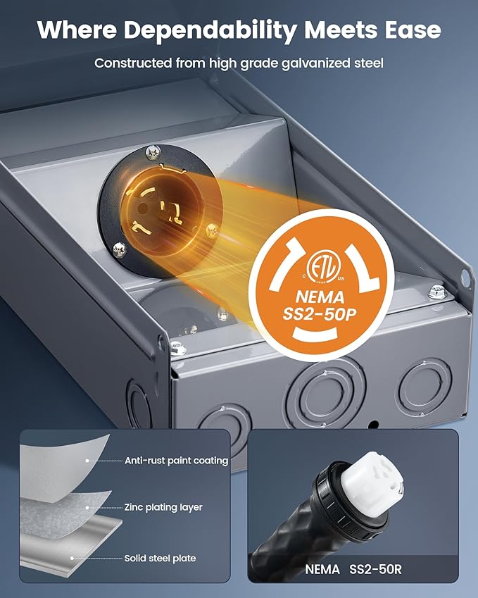 SURAIELEC 50 Amp Generator Power Inlet Box NEMA SS2-50P Generator Box for 3-Prong Generator Cord 120/240V 12000W Weatherproof Outdoor Outlet Receptacle