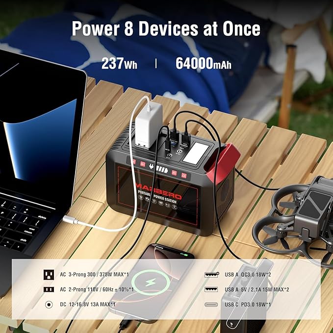 Portable Power Station 300W MARBERO 237Wh Camping Solar Generator Backup Lithium Battery with Pure Sine Wave 110V AC Outlet USB C USB A DC for Outdoors Camping CPAP Home Blackout Emergency