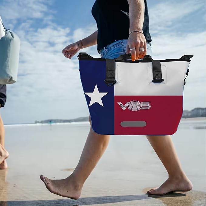 VOS Waterproof Premium Texas Dry Bag – All-purpose Tote Bag with Zip Pocket (Red Blue White) - Keep Your Gear &amp Personal Items Dry During Hiking Camping and Water Sports