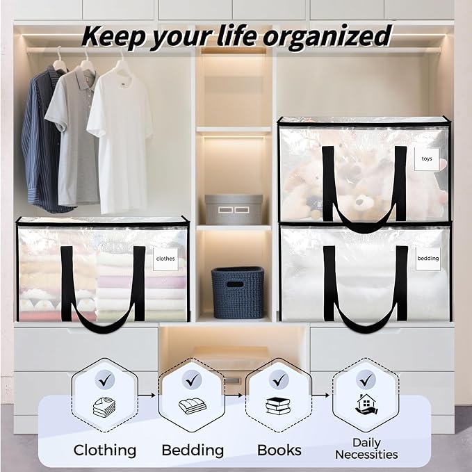 8 Pack Extra Large Heavy Duty Moving Bags Clear Storage Bins with Lids Reinforced Handles &amp Heavy-Duty Zippers Moving Boxes Storage Bags Totes for Clothes Packing Dorms College Supplies Clear