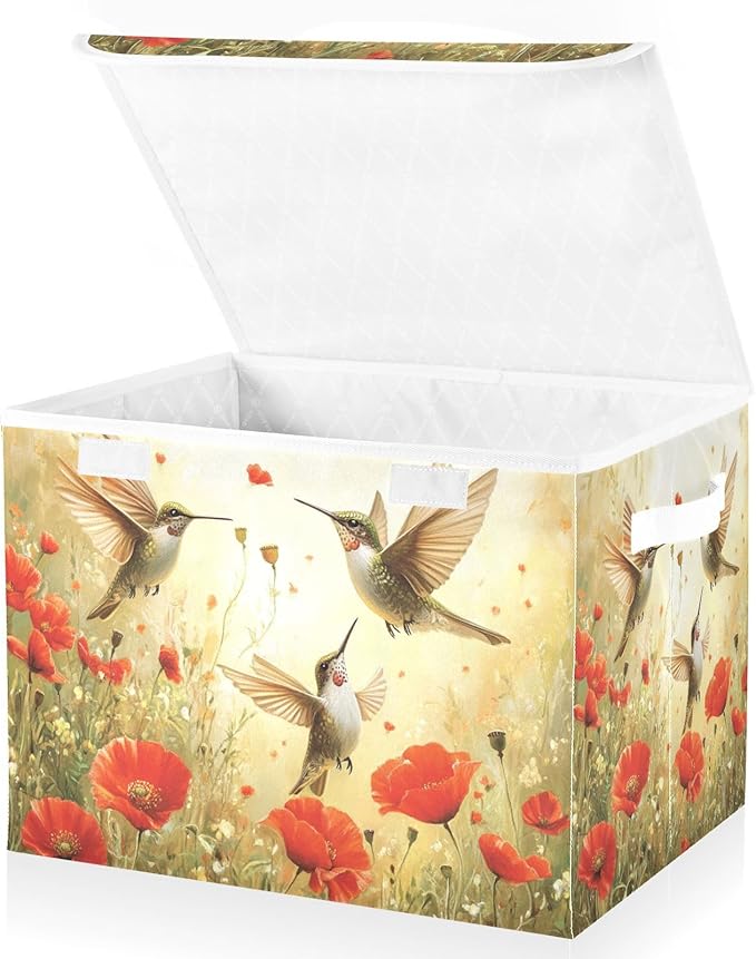 Collapsible Storage Bins with Lids Decorative Fabric Storage Cubes Closet Organizer and Storage Basket Boxes Containers for Clothes Box Chest Nursery Folding Rectangle Yellow Hummingbirds and
