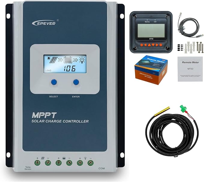 EPEVER 40A 12/24V Auto Identify MPPT Solar Charge Controller with Remote Control of LCD Display Adjustable Parameters and Temperature Sensor Support Lithium (Tracer 4210AN MT50 Sensor)