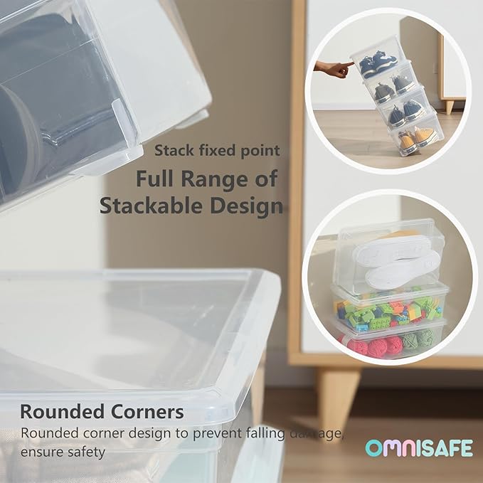 6 Quart Stackable Plastic Storage Shoebox BPA-Free Nestable Container with Latching Lid to Organize Shoes See-Through Box for Home and Office Multi-Purpose Clear Bins (Transparent 8 Pack)