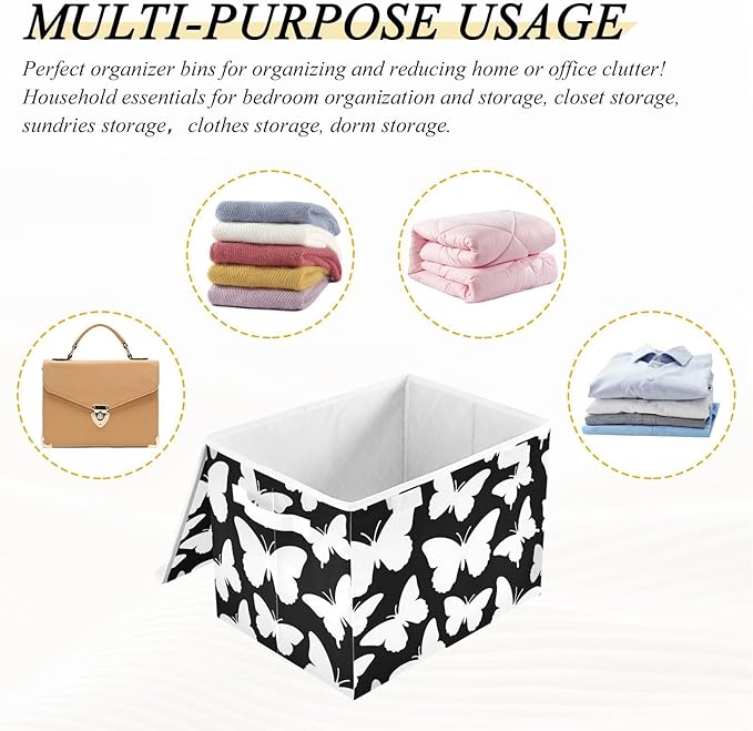 foldable 40 L cube storage bins with handles heavy duty storage containers Christmas For BedroomCloset Living Room 42x32x30cm -Fashion Black and White Butterfly