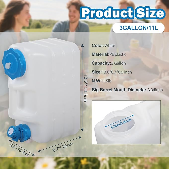 REDCAMP 3 Gallon/11L Portable Water Container with Spigot Camping Water Jug Camping Water Container Water Tank Portable Emergency Water Storage for Camping Car Hiking White 4Pack