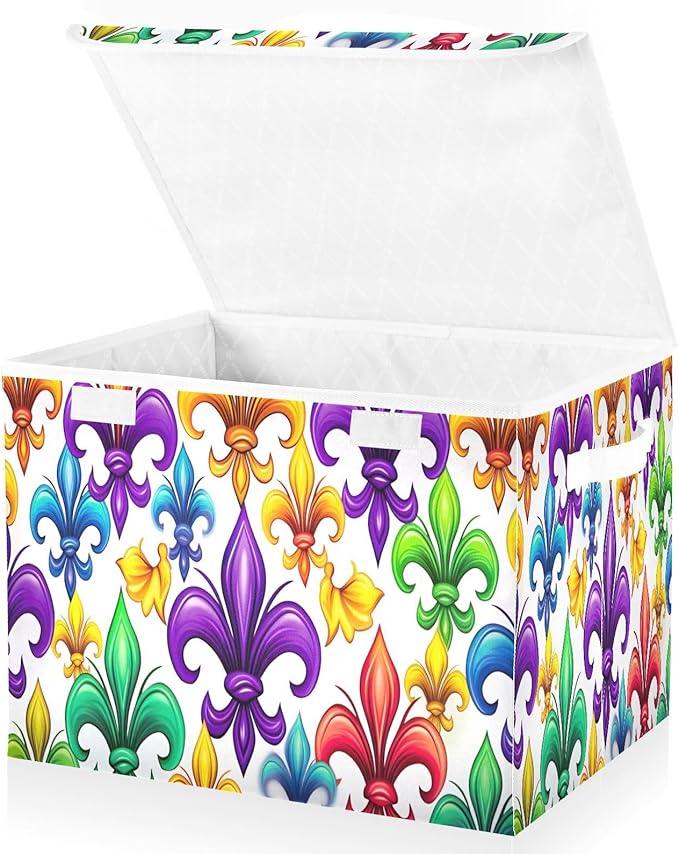 Mardi Gras Storage Baskets with Lids Collapsible Bins Stackable Fabric Linen Baskets Closet Organizer Container 16.5x12.6x11.8
