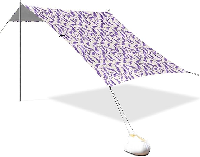 ALAZA Lavender Flower Floral Beach Tent Sun Shelter UPF50+ Protection Beach Shade Canopy w/ 4 Sandbags for Outdoor Camping Fishing Backyard Fun Picnic 10x9 ft