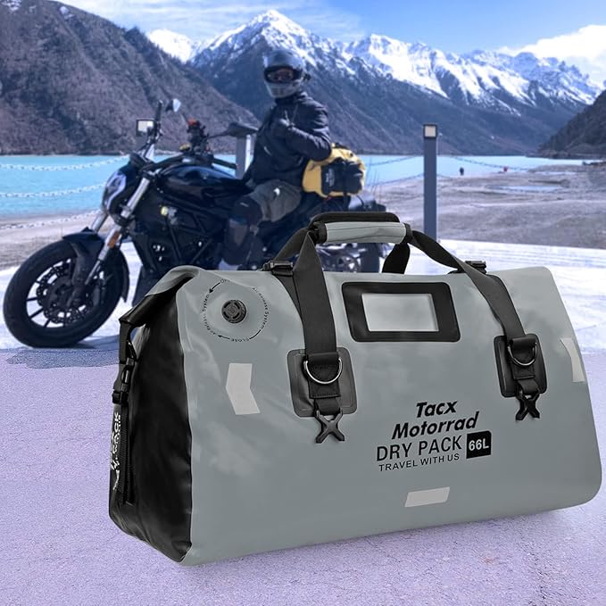 Waterproof Duffel Bag for Men/Women Roll-top Dry Backpack Duffel Bag with Quick-fixed Straps Motorcycle Tail Saddle Bag for Motorcycling Rafting Boating Kayaking Travel 66L-Grey