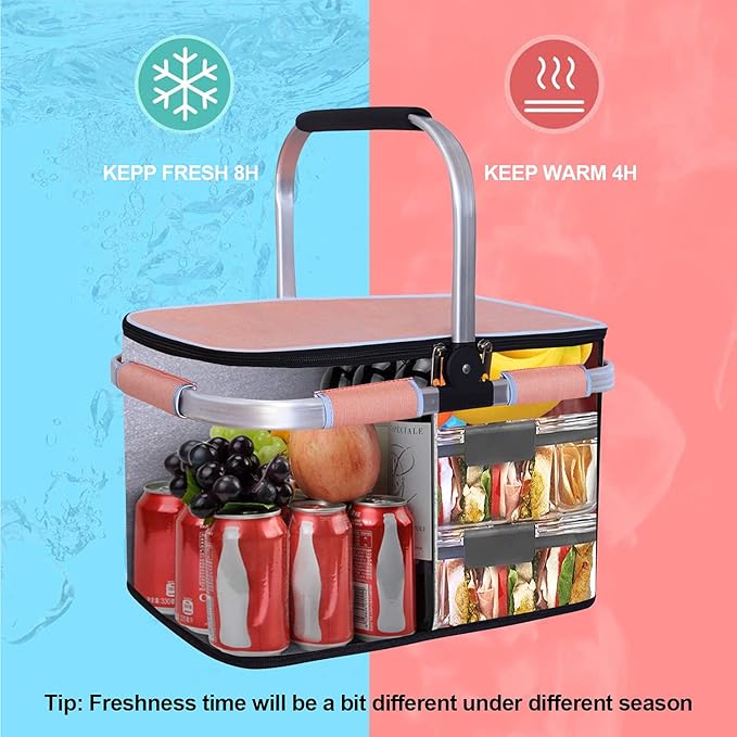 LIQING 35L Large Picnic Basket 2 Layers of Internal Pockets Leak-Proof and Insulated Folding with Internal Support for enhansed Stability Wedding Gifts for Couple(Salmon Color)