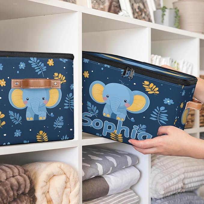 Custom Storage Basket with Name Personalized Storage Bins with Zipper Lid Foldable Fabric Storage Box Large capacity with Handle Elephant Flower Leaves