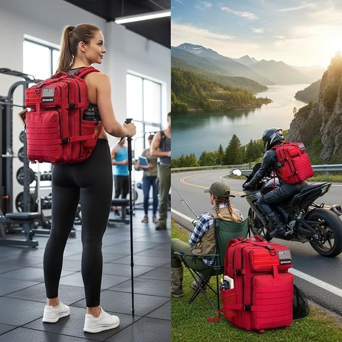 45L Military Tactical Backpack for Men &amp Women Bug Out Bag Assault pack Molle Daypack Hiking Trekking Rucksack (2.0 side pockets (red))
