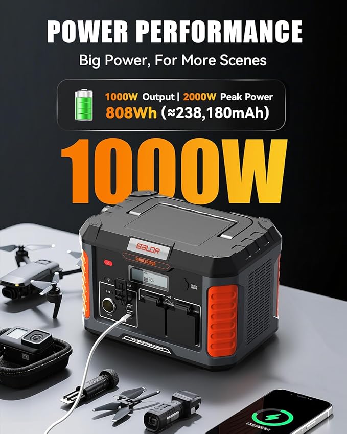 BALDR 1000W Power Station 808Wh 18.5 lbs Portable Lightweight Solar Generator with AC Outlet Multiple Ports for Camping Home Backup.