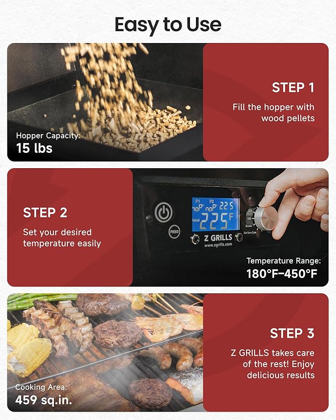 Z GRILLS Wood Pellet Grill &amp Smoker PID V3.0 Controller Meat Probe 8 in 1 Outdoor BBQ Grill Auto Temperature Control 459 Sq in Black 450A