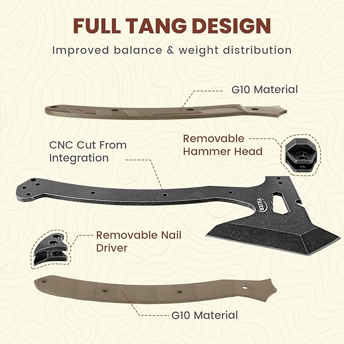 Tactical Axe with G10 Handle Camping Survival Hatchet Multifunctional Hiking Outdoor Heavy Duty Full Tang Tomahawk Tools with Hammer Unique Design Crowbar Leather Sheath (Gray)