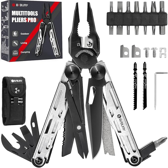 BIBURY Multitool Pliers Pro BI2045 Stainless Steel 31-in-1 Multi Tool Pliers with Replaceable Wire Cutters and SawFoldable Multitools with Scissors and Screwdriver Ideal for CampingSurvivalRepair