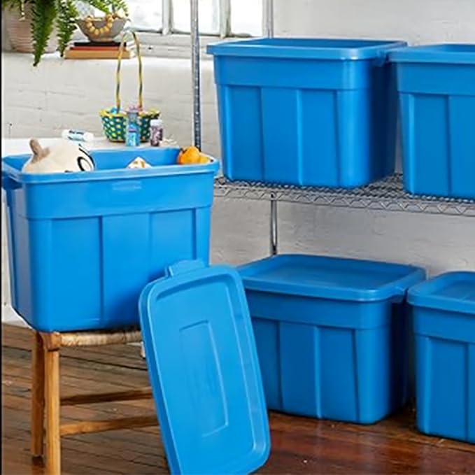 Rubbermaid Roughneck Tote 18 Gal 6 Pack Made in USA Heritage Blue Rugged Plastic Stackable Storage Bins with Lids and Handles