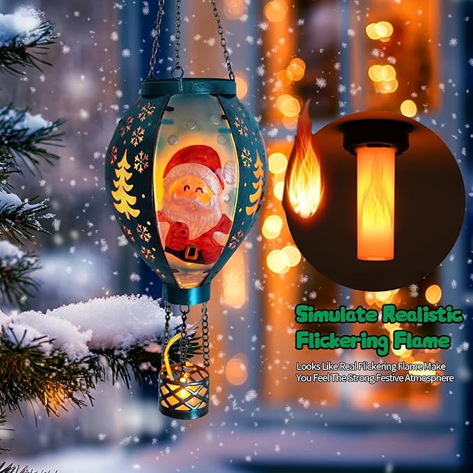 Outdoor Hot Air Balloon Solar Lanterns with Flame Solar Lights Outdoor Waterproof Hanging Christmas Lanterns Decor for Patio Porch Xmas Holiday Party(Santa Claus)