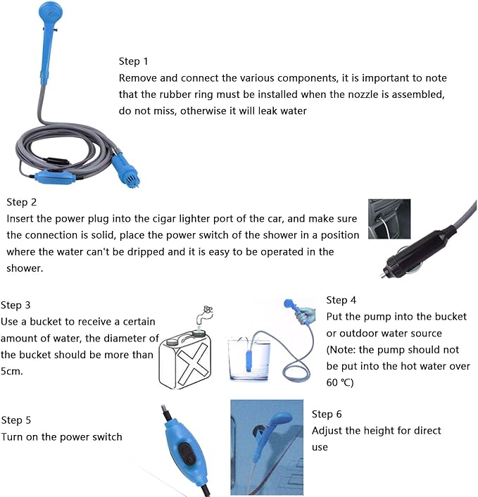 Portable Camping Shower Kit 2.5 L per min Adjustable Water flowing with 3D Showerhead and Pump for Outdoor Camping Hiking Pet Car Washing (Blue)