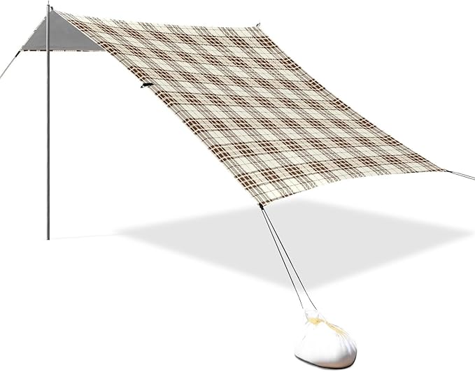 ALAZA Brown Grid Tartan Checkered Beach Tent Sun Shelter UPF50+ Protection Beach Shade Canopy w/ 4 Sandbags for Outdoor Camping Fishing Backyard Fun Picnic 10x9 ft