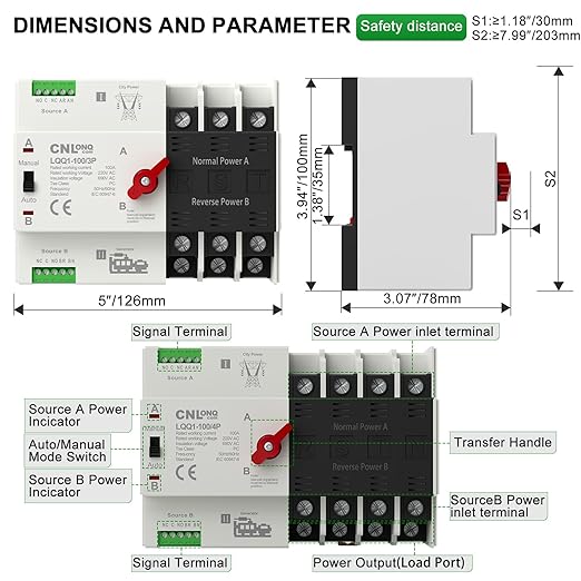 AC110V/120V 100Amp Automatic/Manual Transfer Switch 3P 50/60Hz 3Poles Mini ATS Auto Dual Power Switch Automatic Changeover Fast Transfer for Home Generator Soalr Rv and Lv Power