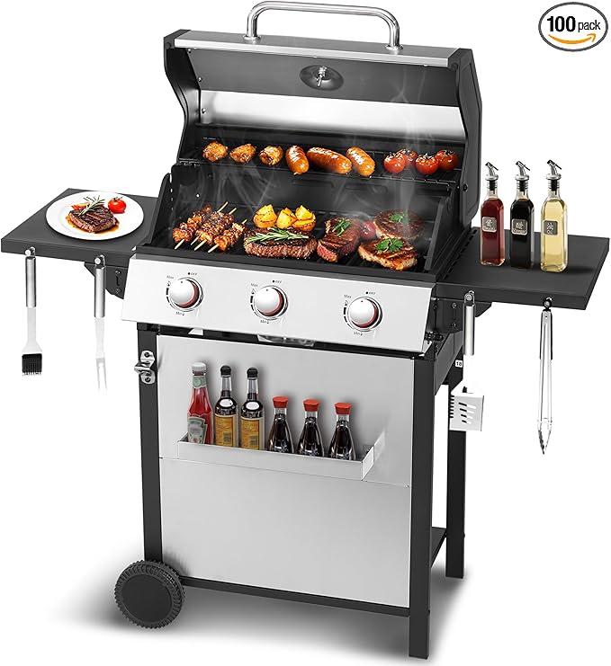 3-Burner Propane Gas Grill with 30000 BTU Output - Double-layer Stainless Steel Grill Lid Cast Iron Cooking Grids Easy-Clean Grease Management &amp Even Heat Distribution for Perfect BBQs