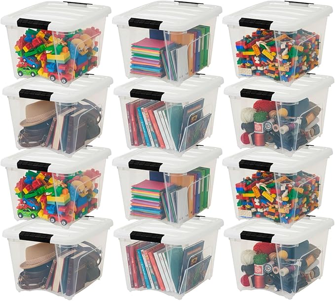 IRIS USA 19 Qt Stackable Plastic Storage Bins with Lids 12 Pack - BPA-Free Made in USA - See-Through Organizing Solution Latches Durable Nestable Containers Secure Pull Handle - Clear/White
