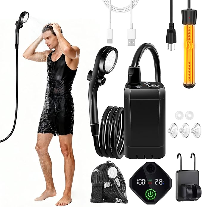 Camping Shower with Heater Portable – 6000mAh Rechargeable Hot Water Shower Pump with LED Display 3 Spray Modes for Outdoor Camping RV Pet Bath Car Wash Travel