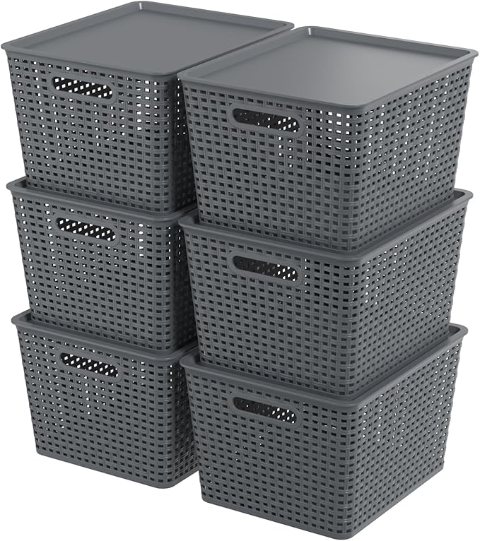 Zopnny Plastic Storage Baskets with Lid Stackable Storage bins for Organizing Shelves Drawers Desktop Closet Playroom Classroom Office 6 Pack 20 Quart