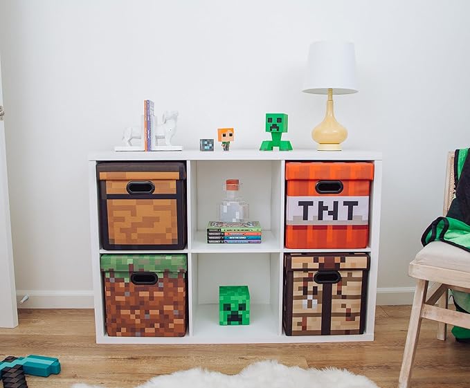 Minecraft Grassy Block 13-Inch Storage Bin Chest with Lid | Foldable Fabric Basket Container Cube Organizer with Handles Cubby for Shelves Closet | Home Decor Essentials Video Game Gifts